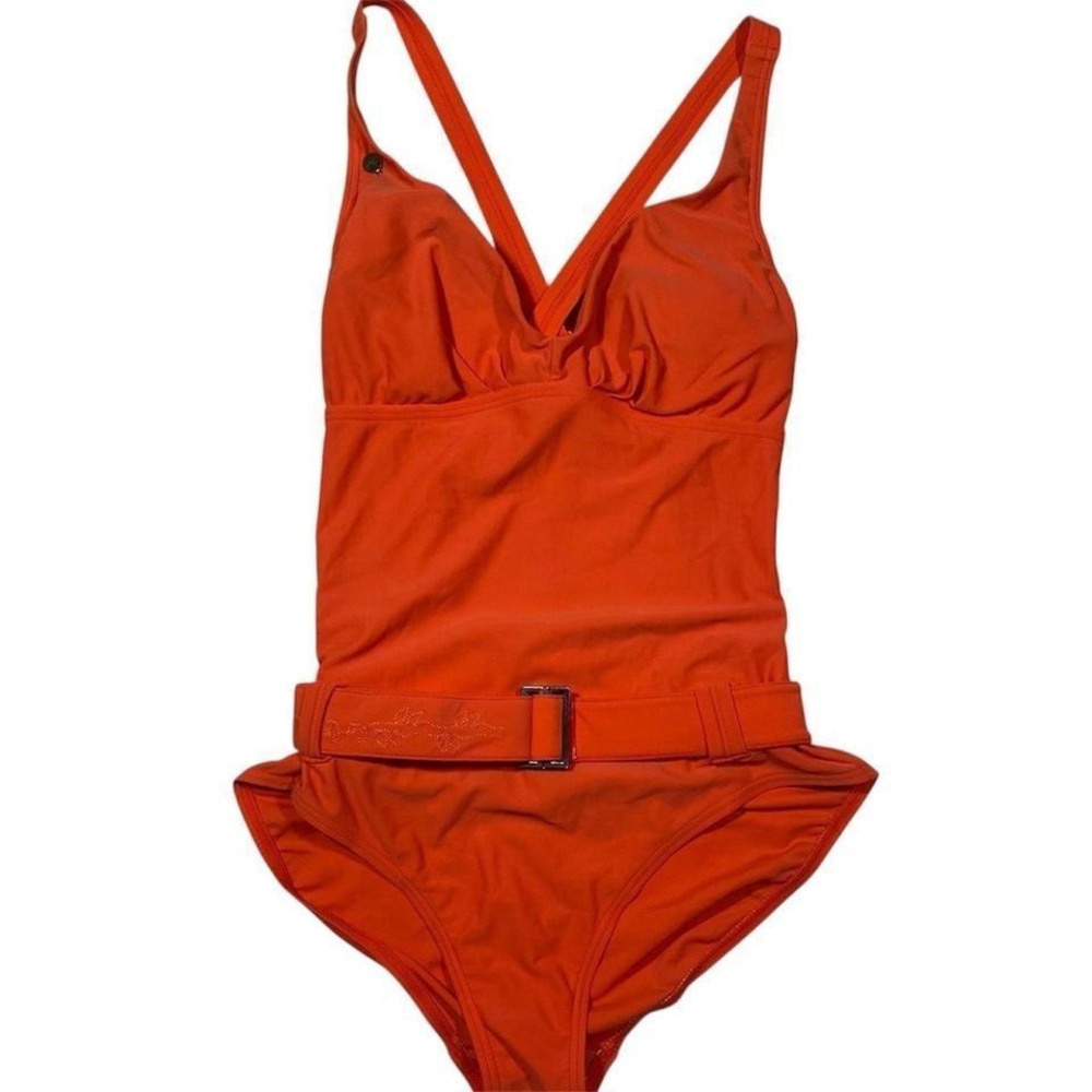 Lole Coral Orange One Piece Swimsuit Belted V Neck Crisscross‎ Back Preppy  M